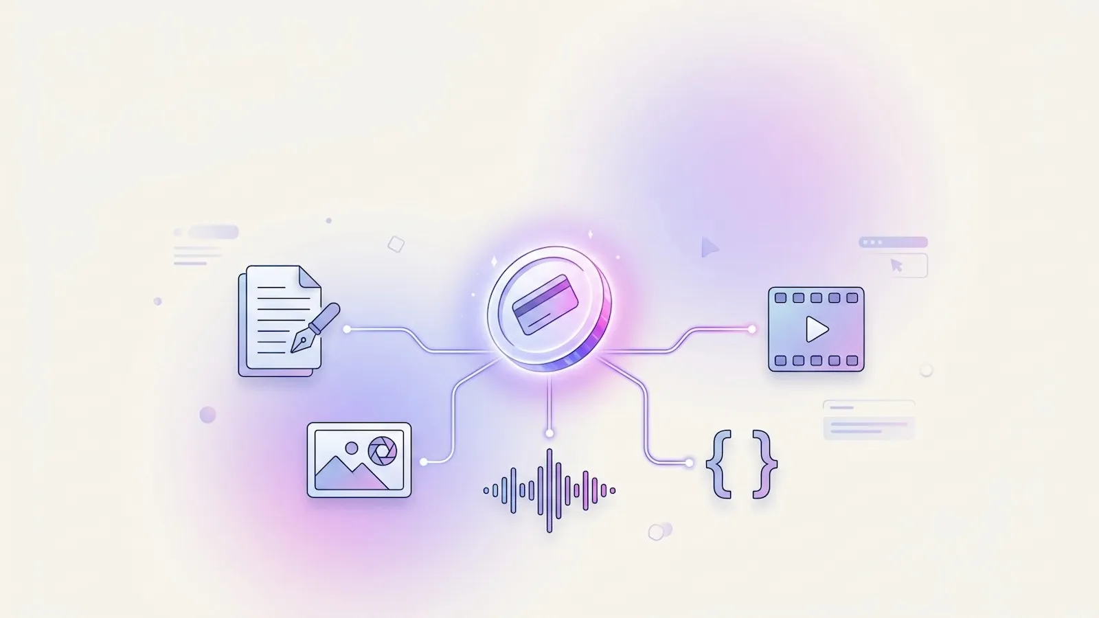 Illustration of multiple AI creative tools connected through a simple credit-based system
