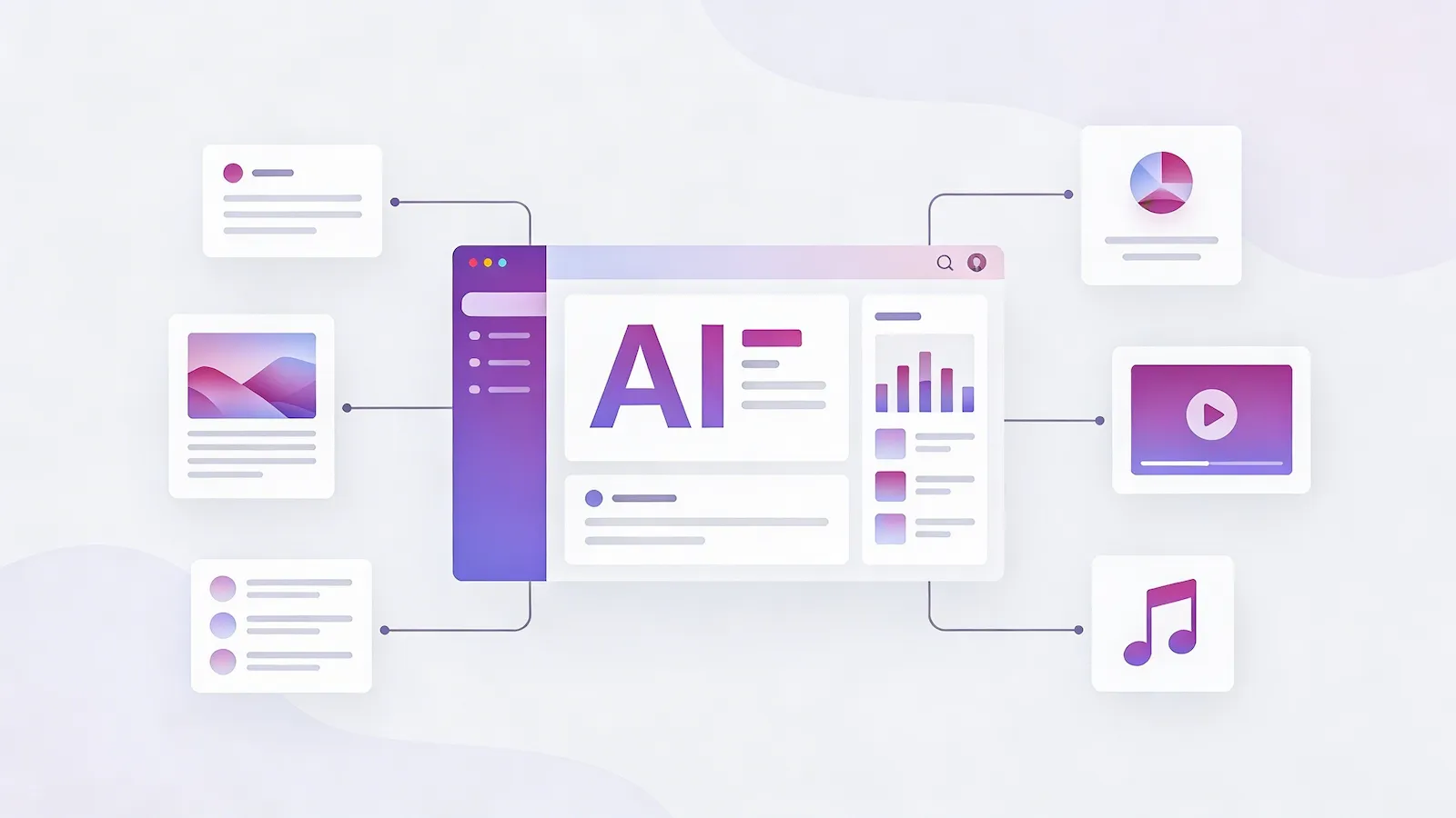 Illustration of a unified AI workbench combining text, image, video and audio tools